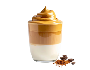 Dalgona coffee in glass with whipped cream isolated against transparent background