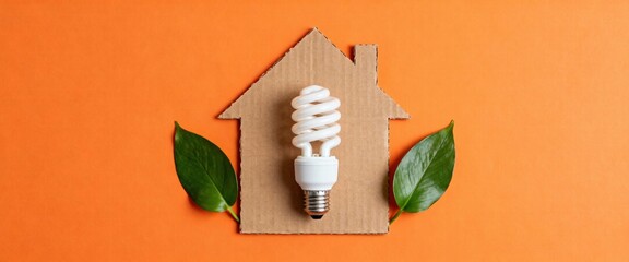 Green energy saving ideas for home showing CFL light bulb, carton house and natural leaves