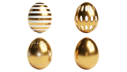Golden easter eggs isolated on transparent background for happy easter celebrations