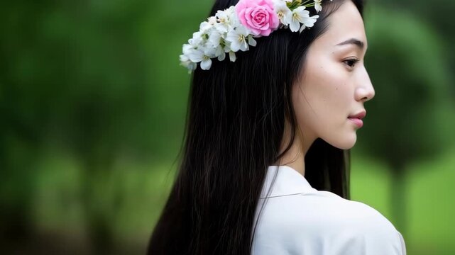 Floral Embellishment: A portrait captures a woman adorned with a flower crown, showcasing a serene expression and natural beauty amidst a backdrop of lush greenery.