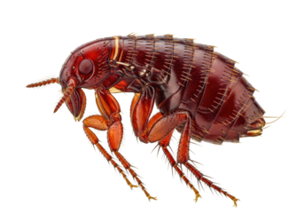ultra macro close-up of a segmented, reddish-brown flea, showcasing bristled jumping legs and piercing mouthparts on a high-key white background, concept of pest control and blood parasitism