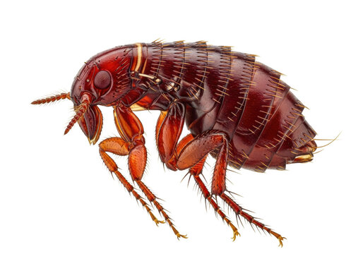 ultra macro close-up of a segmented, reddish-brown flea, showcasing bristled jumping legs and piercing mouthparts on a high-key white background, concept of pest control and blood parasitism