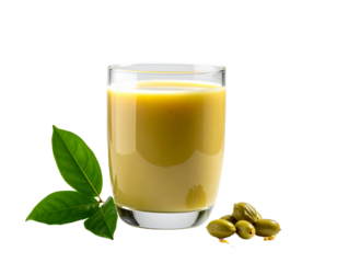 Freshly squeezed juice in a clear glass with green leaves and several objects