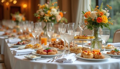Elegant banquet table set with assorted gourmet foods, pastries, fresh fruits, and sparkling drinks. Beautiful floral arrangements and glassware adorn the festive setting, ready for guests arrival.