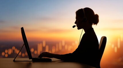 Stock Exchange, Businesses that provide services to customers, Silhouette of Service Desk with Financial Chart, Copy Space for Text