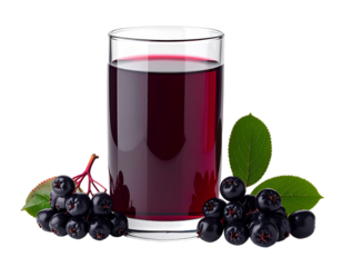 Glass of dark purple juice with berries and leaves isolated