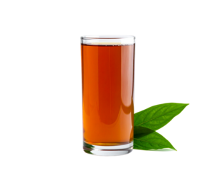 Glass of refreshing tea with a green leaf element against a clean backdrop