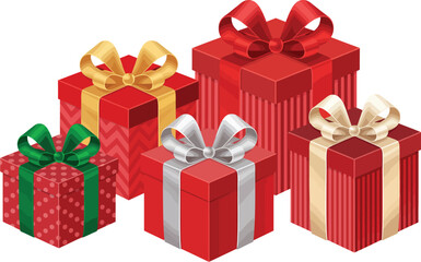 Fototapeta premium A collection of elegantly wrapped red gift boxes with colorful ribbons and bows on a plain white background.