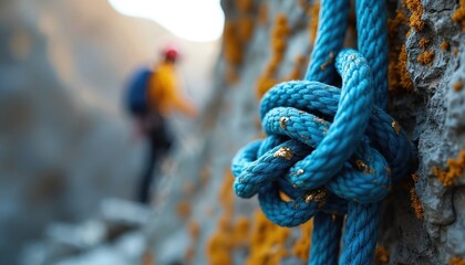 Close up of blue climbing rope knot on rock face. Blurred mountaineer ascends rocky slope in background. Focus on safety gear for adventure.
