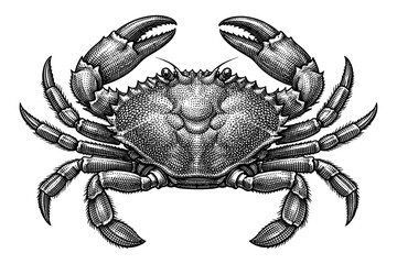 Detailed black and white illustration of a crab with raised claws