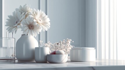 Elegant minimalist still life with white gerberas and decorative objects