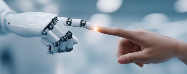 Business hands, Applying AI in modern business, Future of Work: Hands Operating AI Robotic Assistant in Modern High-Tech Office Setting