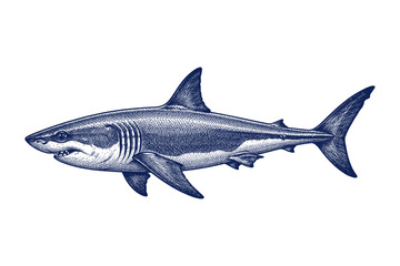 Fototapeta premium Detailed illustration of great white shark in blue ink style