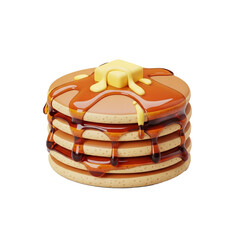 Delicious golden-brown pancakes stack with melting butter cube and dripping maple syrup, tempting breakfast treat, sweet indulgence