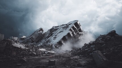 Rubble and Ruins: Concrete Building Demolition Aftermath with Stormy Sky