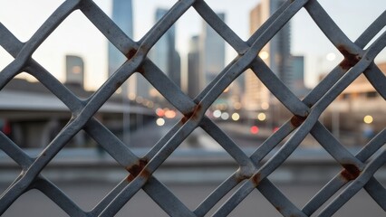 Metal Lattice Wire Fence with Blurred Urban Cityscape Background
