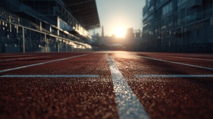 Athletic track ready for competition bathed in the warm morning sunlight