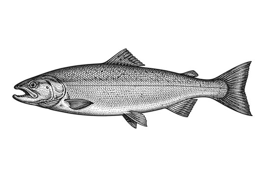 Detailed black and white illustration of a salmon fish