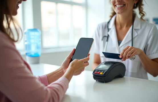 Woman pays dentist bill using smartphone contactless tech at reception desk. Doctor holds card reader for mobile payment transaction. Healthcare finance modern concept.