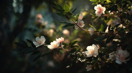 Delicate Dogwood Blooms Catching Sunlight in a Lush Garden Setting