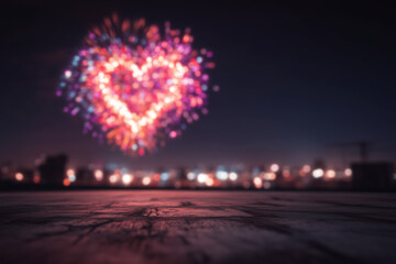 Empty rooftop foreground with heart shaped fireworks in night sky for Valentine celebration background and romantic event design