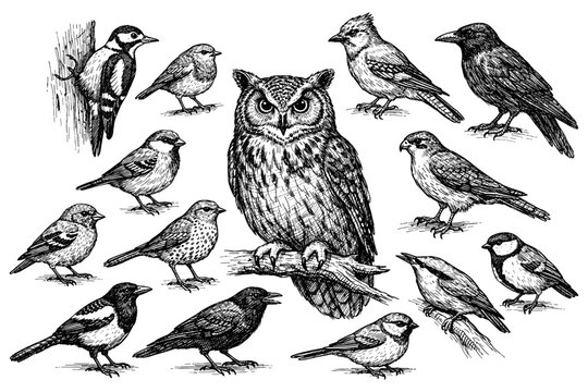 Detailed black and white illustration of various bird species including owl, crow, and woodpecker