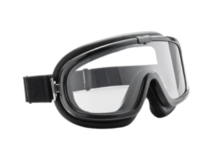 Protective goggles with clear lens and adjustable strap isolated on transparent background