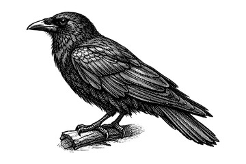 Obraz premium Detailed black and white drawing of a perched raven on branch