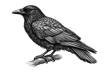 Obraz premium Detailed black and white illustration of a raven on a branch