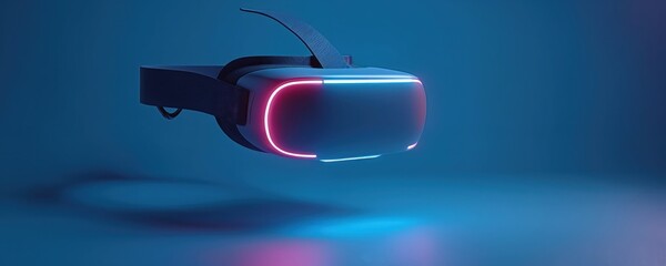 Modern VR headset floats with neon lights. Futuristic tech goggles for immersive gaming and virtual experiences. Digital immersion and cyber fun. Next gen entertainment.