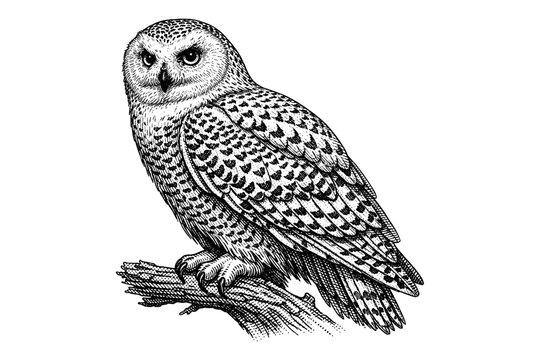 Intricate snowy owl illustration in black and white