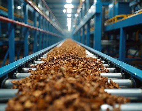 Dried tobacco leaves move on an automated conveyor belt in a processing plant. The industrial production line shows raw material for cigarettes and cigars. Manufacturing machinery operates.