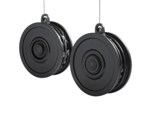 Two black circular objects suspended against a transparent background vector illustration