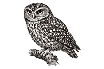 Detailed black and white illustration of a perched owl on a branch