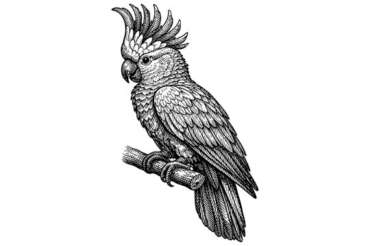Detailed black and white illustration of exotic cockatoo perched on branch