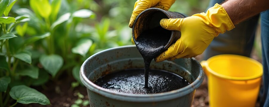 Person in yellow gloves pours dark liquid from a container into a large bucket with water. Preparing natural fish fertilizer for plants in garden. Sustainable eco gardening.