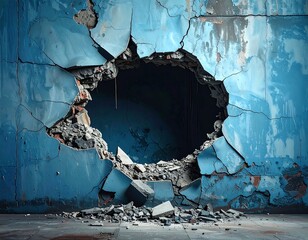 A distressed, blue-painted wall reveals a gaping hole, surrounded by rubble, casting shadows into the darkness within