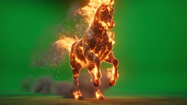 An intense, powerful orange cgi horse, representing chinese celebration, dynamically rears on a green screen.