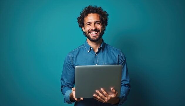 Happy man in blue shirt holds modern laptop, smiles broadly against teal background. He appears confident and ready for business or online work. This portrait shows a positive pro with technology.