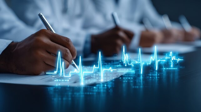 information, insurance, physician, therapy planning, Modern Office Meeting with Hand-Written Notes and Medical Coverage Infographic Overlay - Powered by Adobe