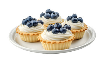 Tartlets with blueberries and whipped cream on dessert white plate isolated on white background close up side view