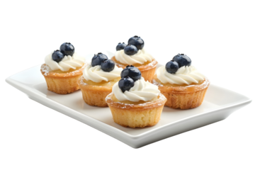 Tartlets with blueberries and whipped cream on dessert white plate isolated on white background close up side view
