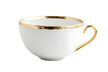 Tea in white cup with gold rim isolated on white background Close up Copy space