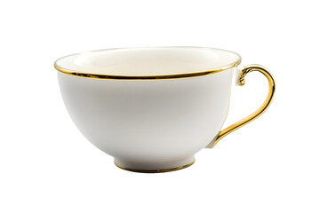 Tea in white cup with gold rim isolated on white background Close up Copy space