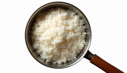 Cooked white rice fills a metal saucepan with a wooden handle. The dish is viewed from above against a plain white background. This simple, staple food looks ready to serve.