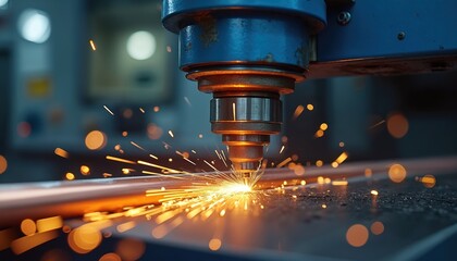 CNC machine cuts copper pipe. Sparks fly during metal fabrication process. Industrial engineering tech equipment detail. Automation machinery produces precise metal parts.