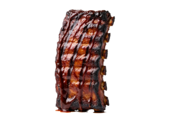 A full rack of vertical smoked pork ribs thickly coated in a rich, dripping barbecue sauce glaze, intense char marks, isolated on a transparent background, indulgent product shot concept
