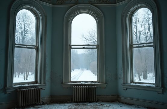Old house interior with large arched windows overlooking snow landscape. Abandoned manor shows historic architecture, design. Room with outdated radiators filled with snow. Classic decay with vintage