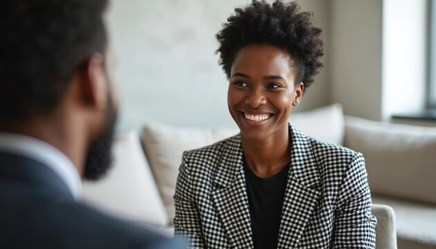 Woman smiles during business interview. Maintains good posture, makes eye contact with interviewer. Setting appears pro, modern, suggesting positive interaction, mutual respect between individuals