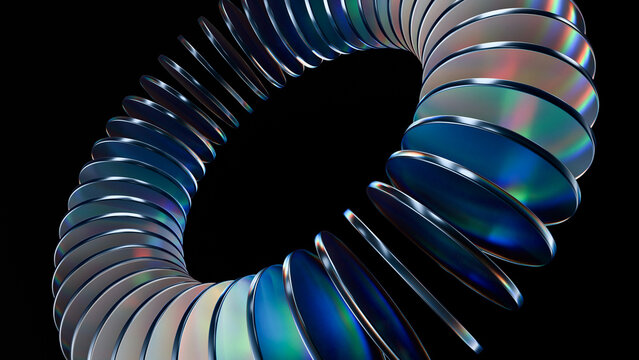 Colorful metallic discs torus &ndash; iridescent abstract 3D render